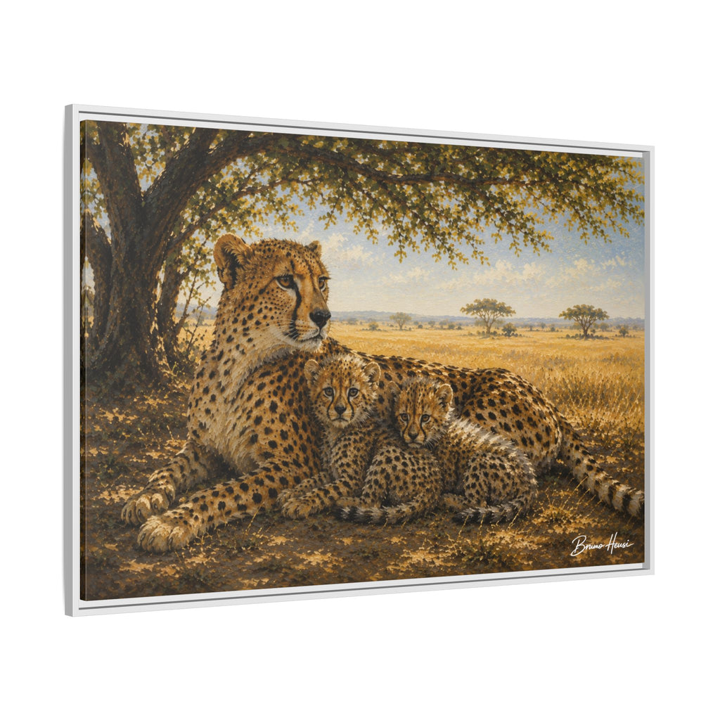 Cheetah Mother & Cubs Framed Canvas Wall Art – African Wildlife Safari Print
