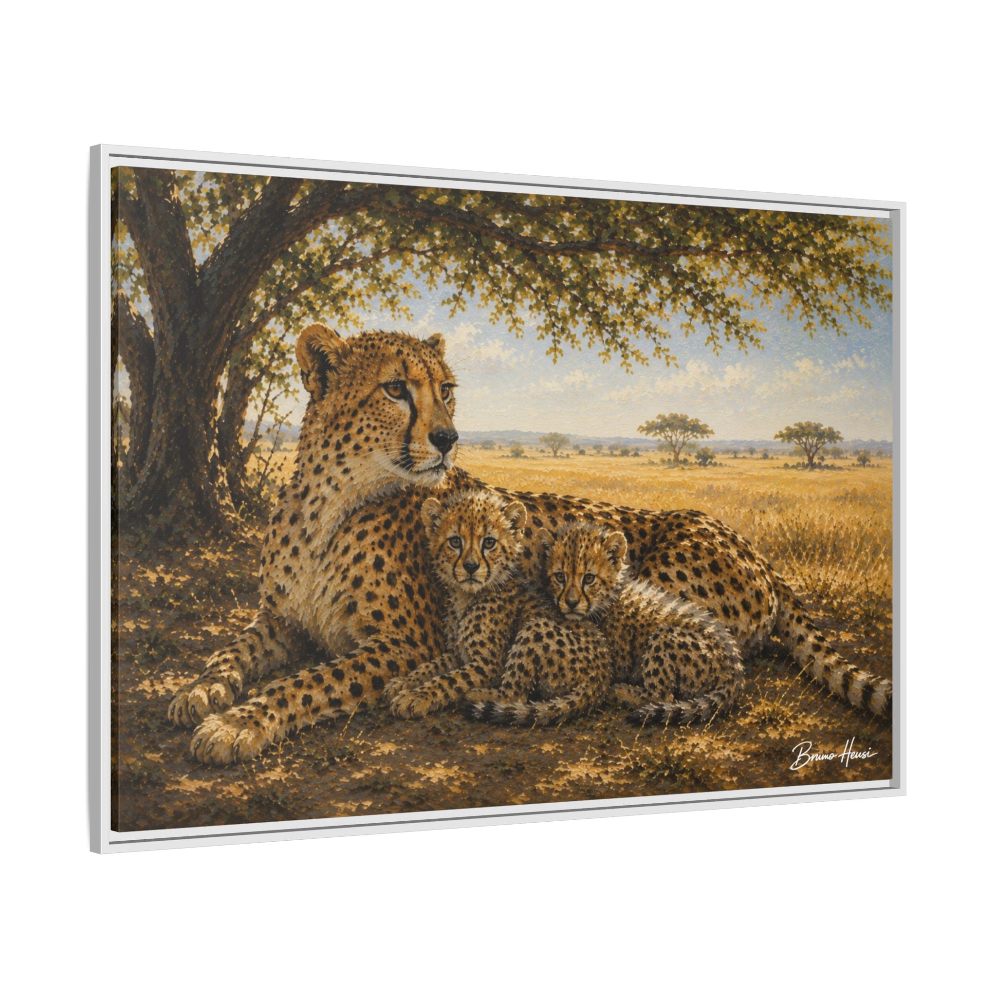 Cheetah Mother & Cubs Framed Canvas Wall Art – African Wildlife Safari Print