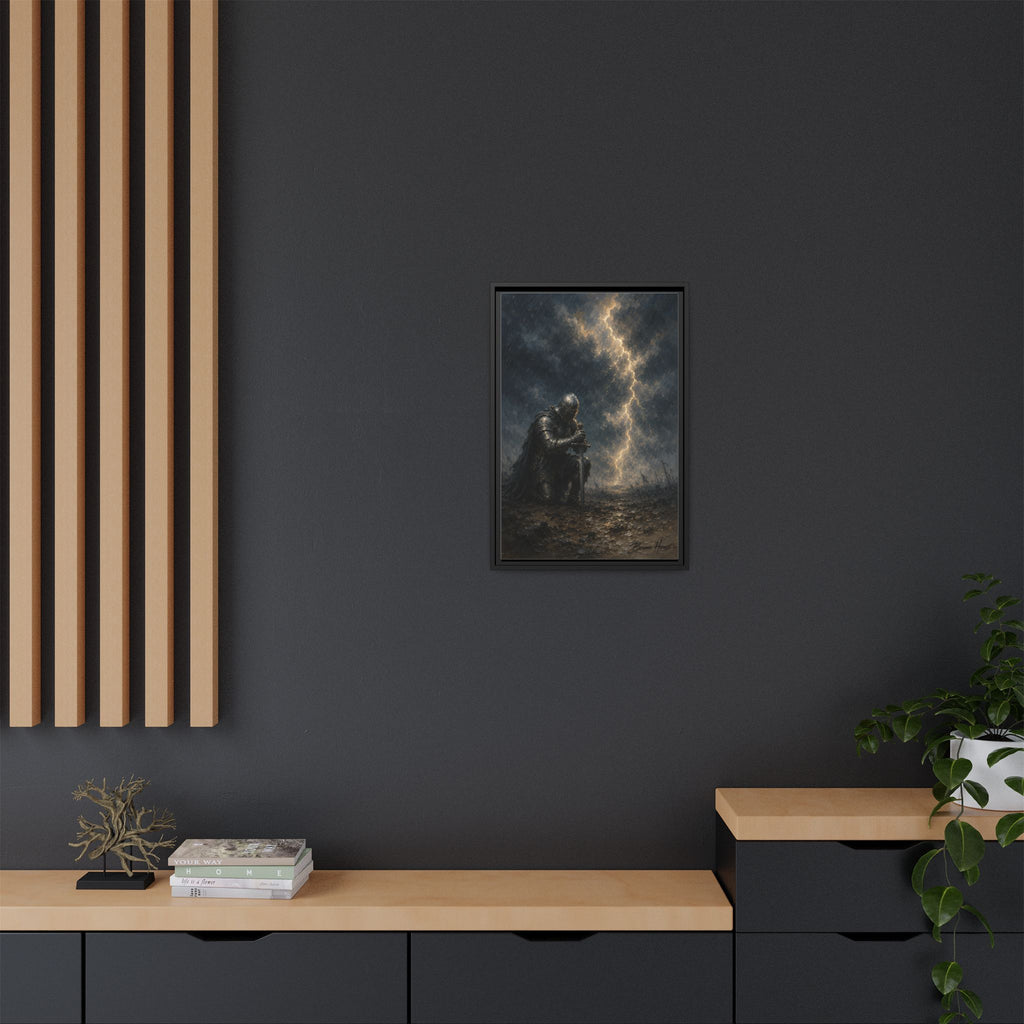 Knight in Thunderstorm Matte Framed Canvas — Dark Fantasy Wall Art