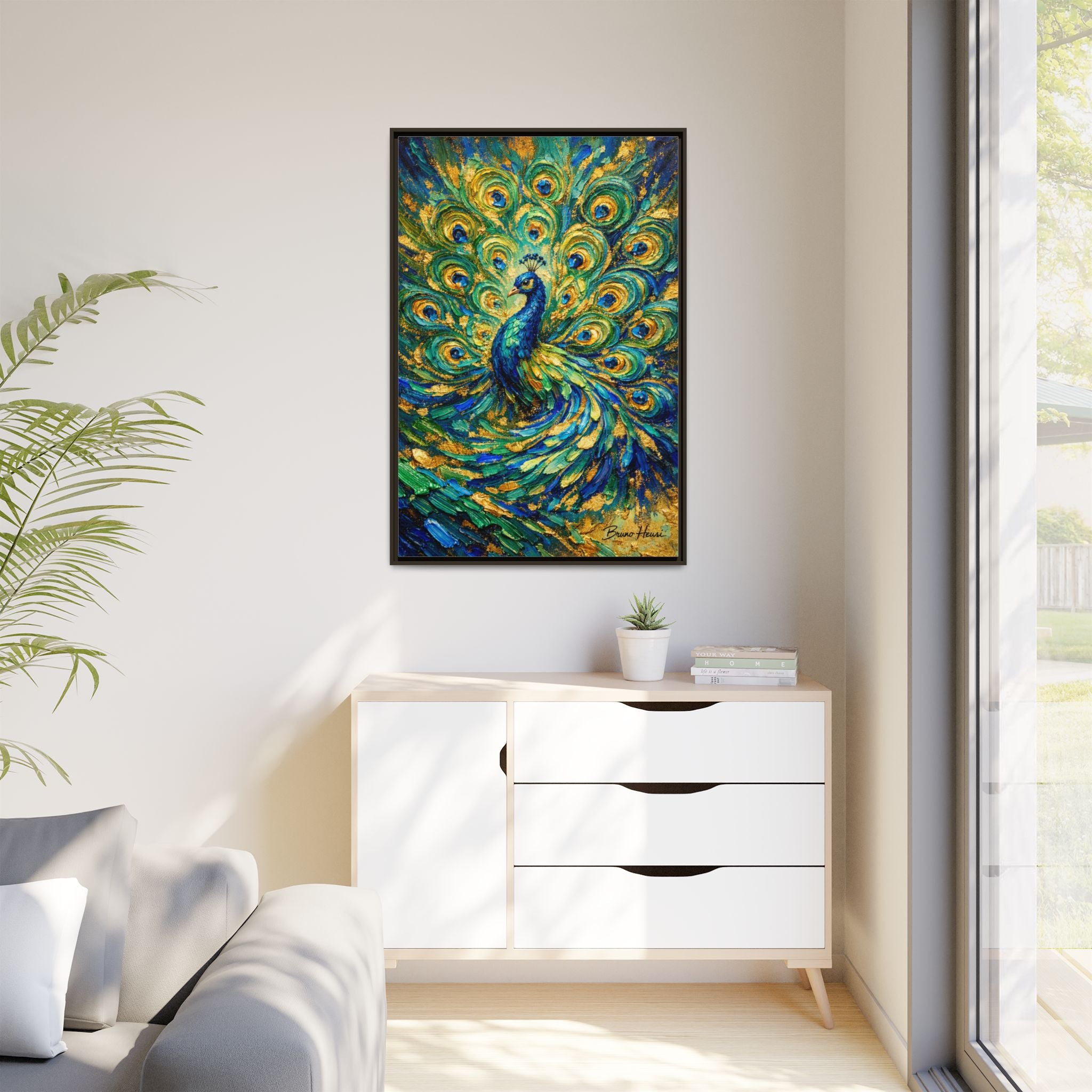 Peacock Oil-Style Framed Canvas Wall Art — Vibrant Blue & Gold Peacock Painting