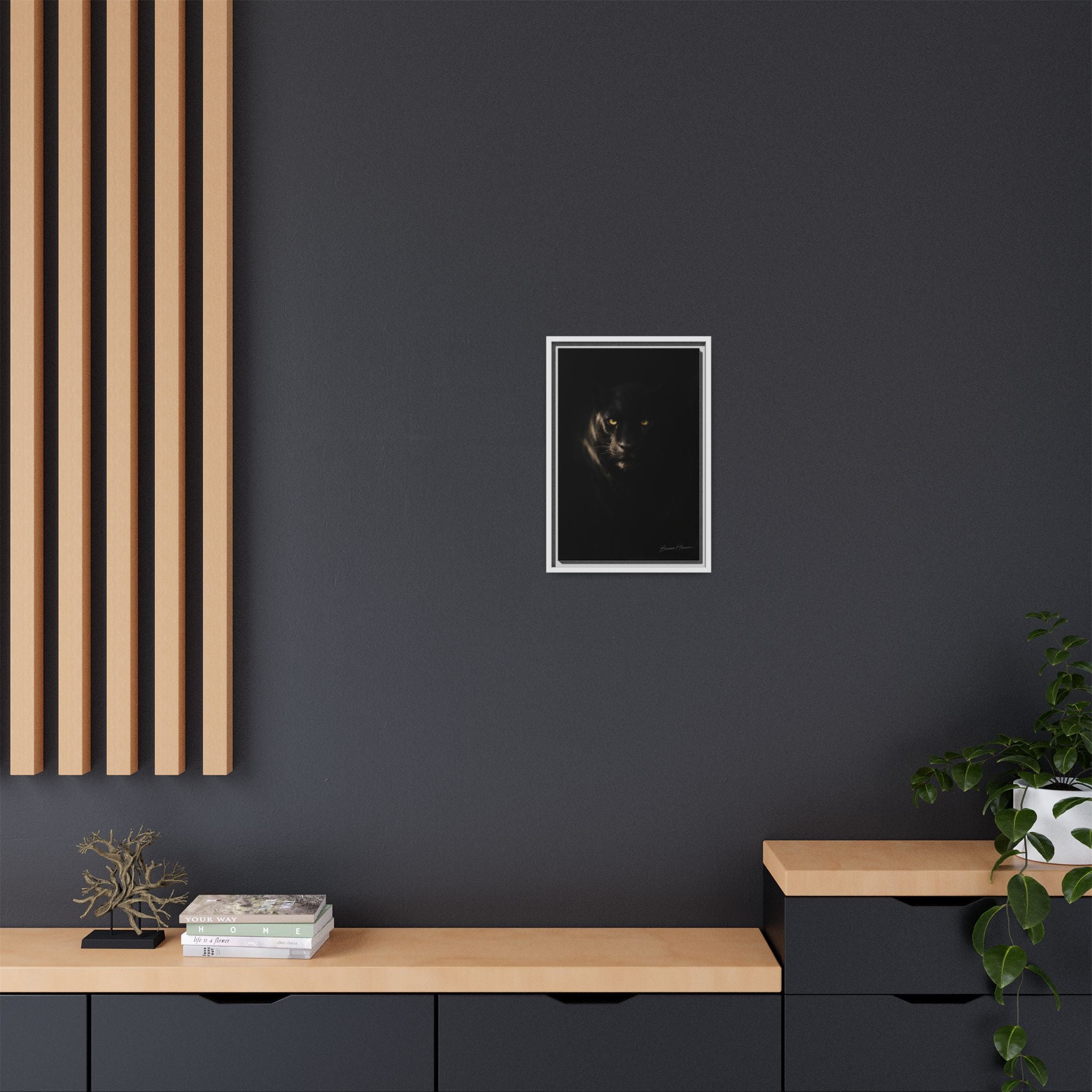 Framed Matte Canvas - Black Panther Wall Art with Golden Eyes