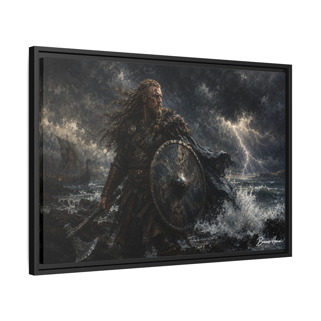 Viking Warrior Matte Framed Canvas Print — Stormy Norse Shield and Axe Wall Art