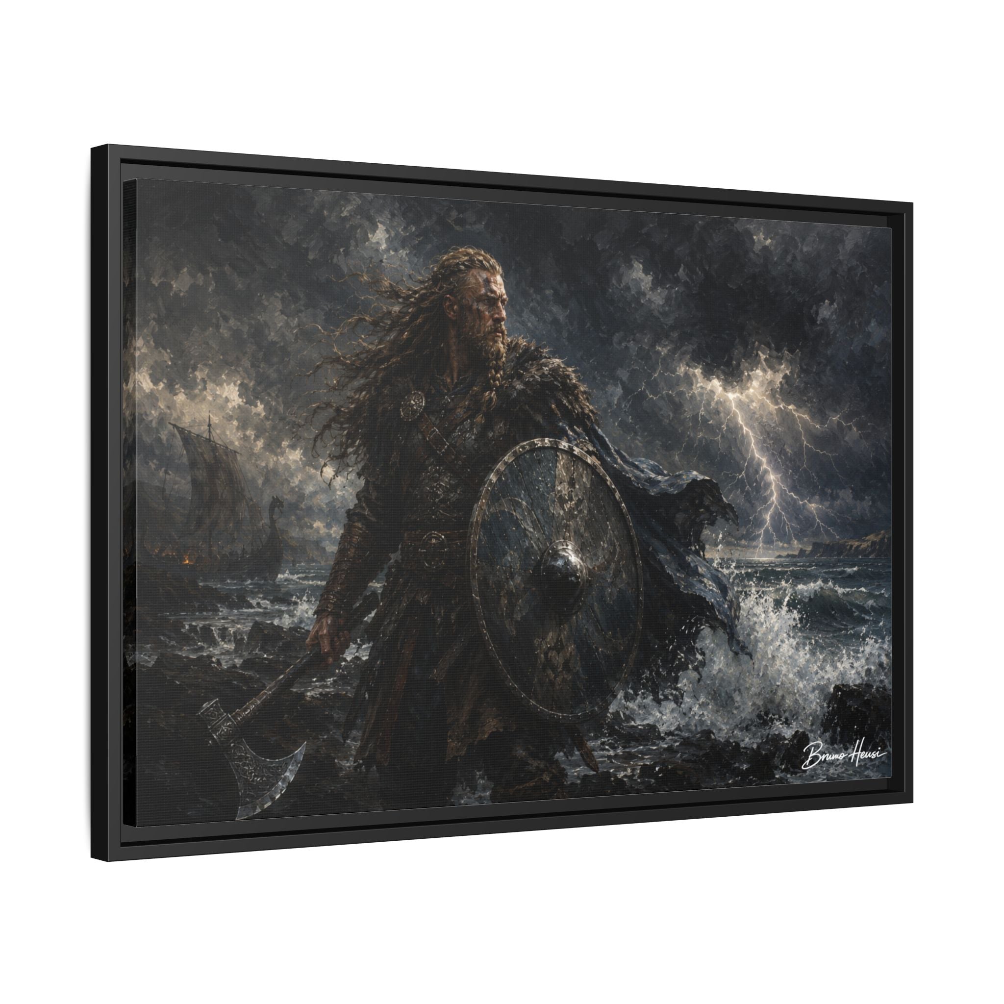 Viking Warrior Matte Framed Canvas Print — Stormy Norse Shield and Axe Wall Art