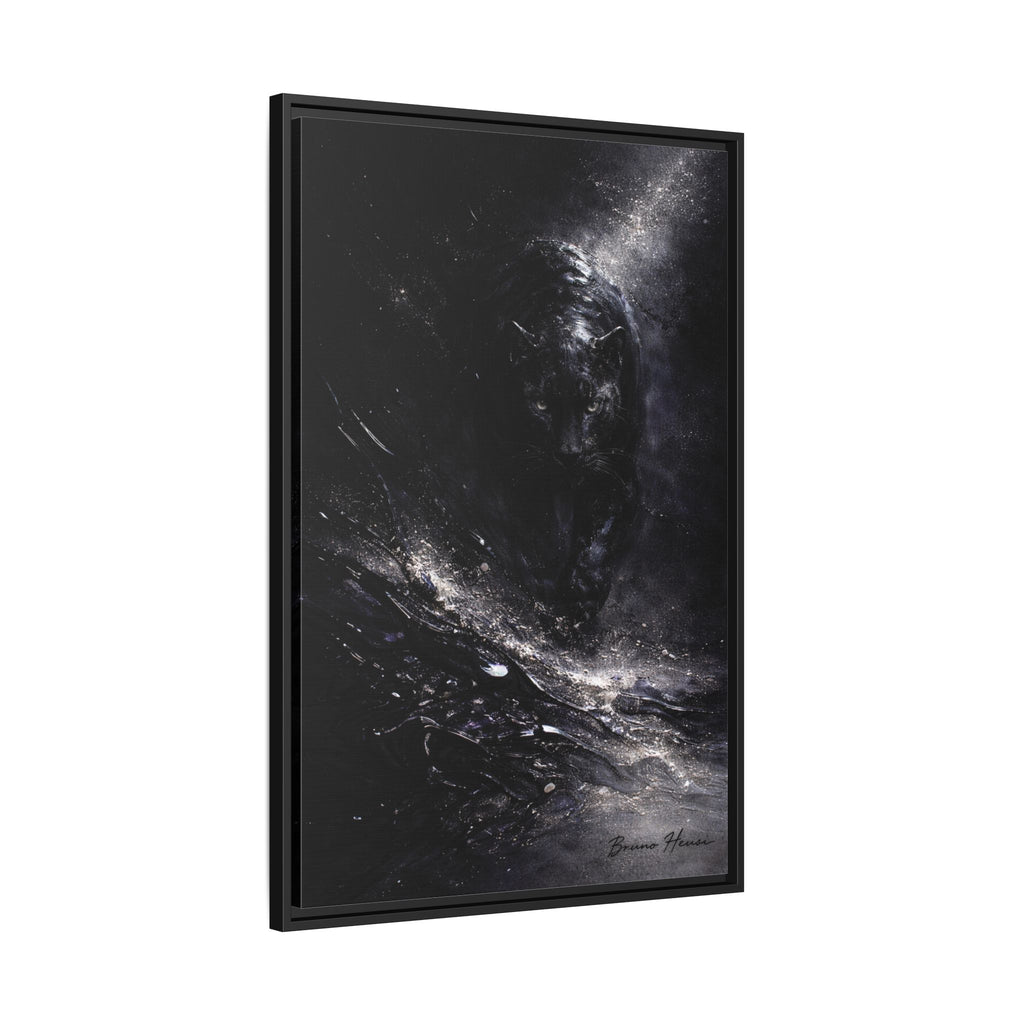 Cosmic Black Panther Matte Framed Canvas – Dark Abstract Wildlife Wall Art