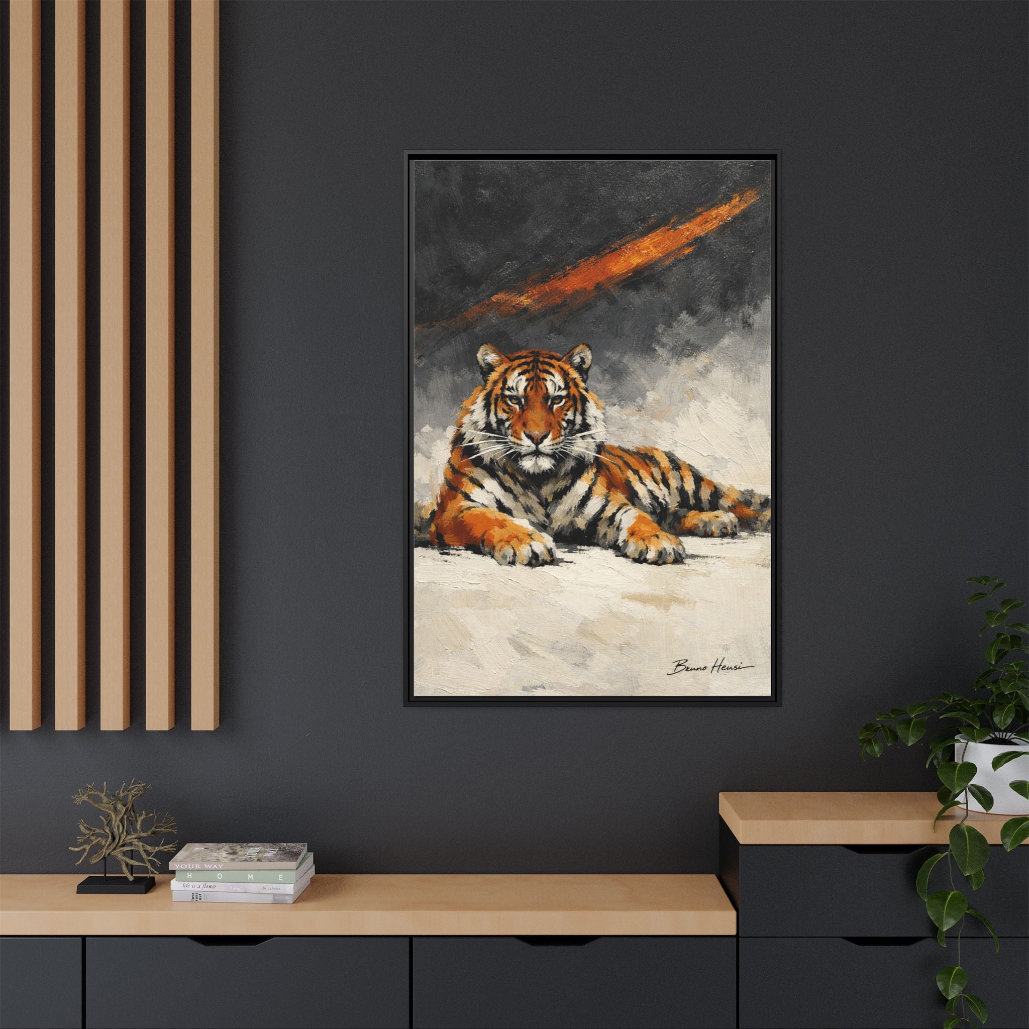 Framed Tiger Canvas Wall Art — Majestic Orange & Gray Matte Print