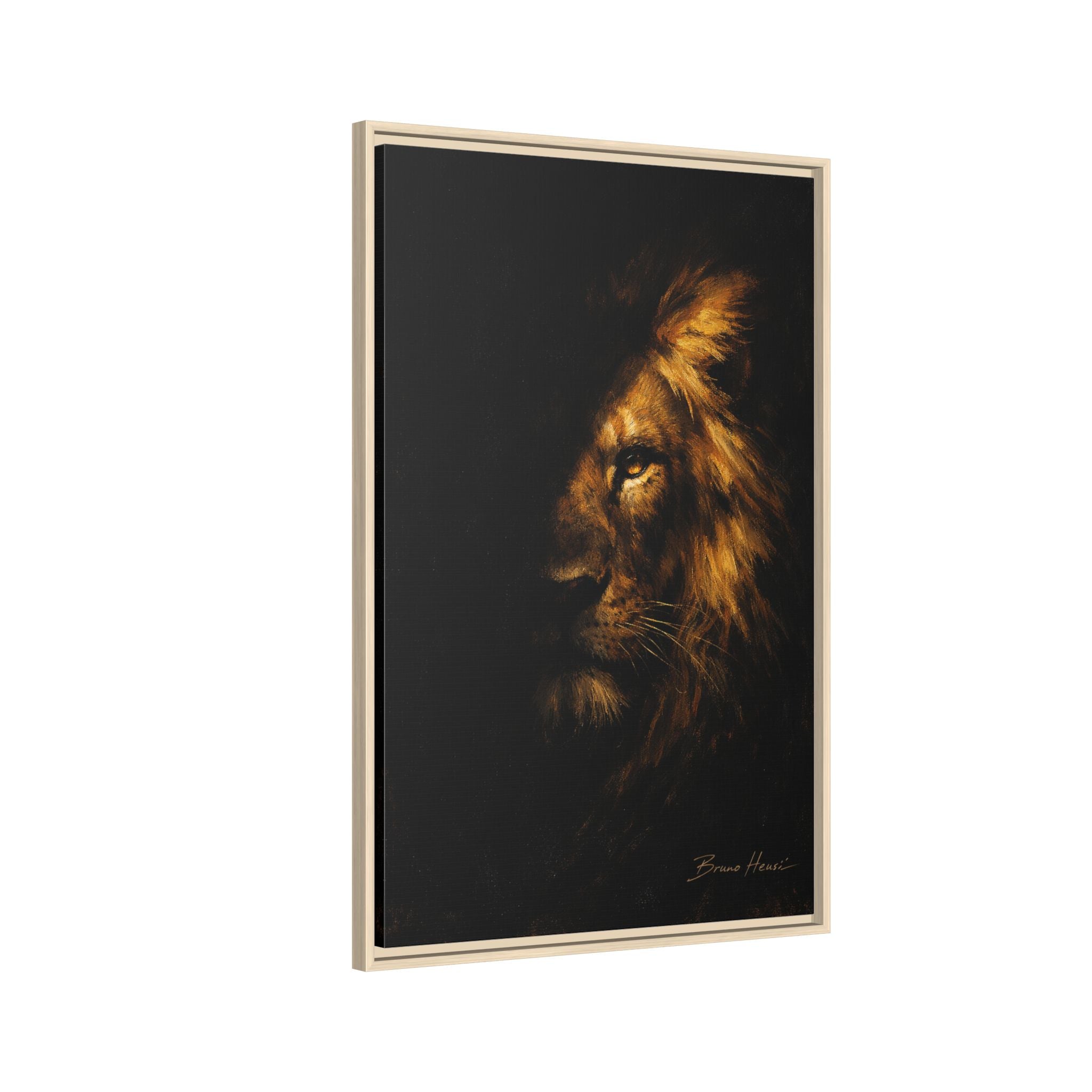 Majestic Lion Portrait Framed Canvas Wall Art — Golden Mane on Black Matte Print