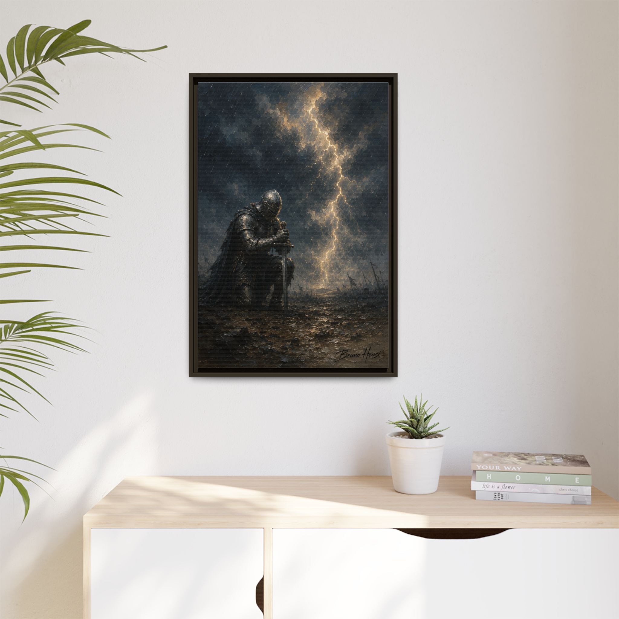 Knight in Thunderstorm Matte Framed Canvas — Dark Fantasy Wall Art