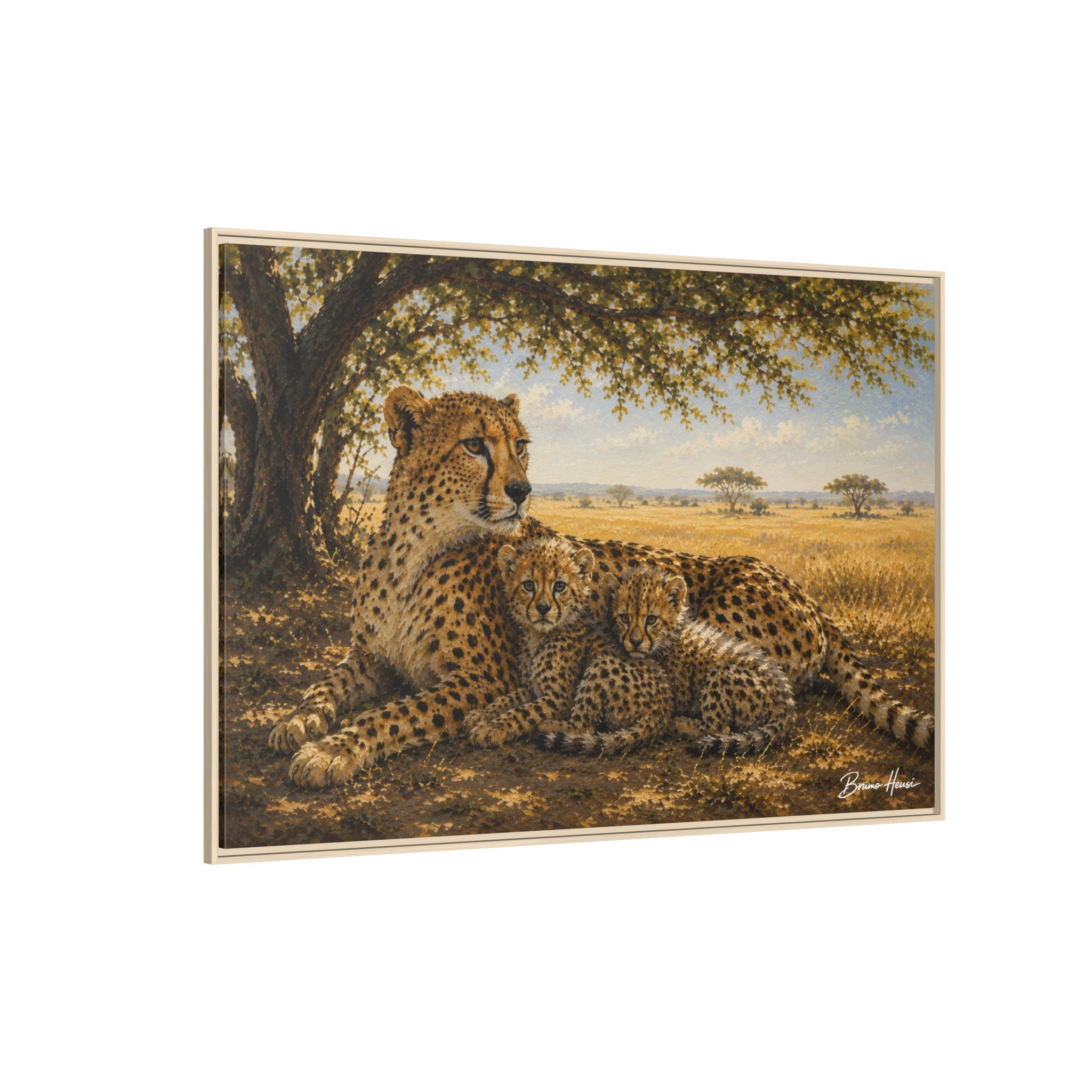 Cheetah Mother & Cubs Framed Canvas Wall Art – African Wildlife Safari Print