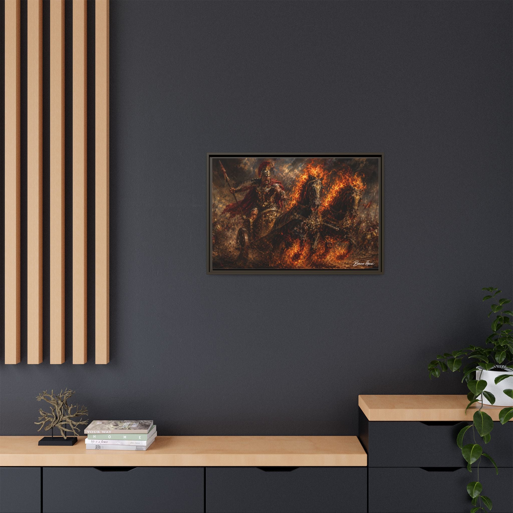 Flaming Chariot Framed Canvas Wall Art — Mythic Warrior Matte Print