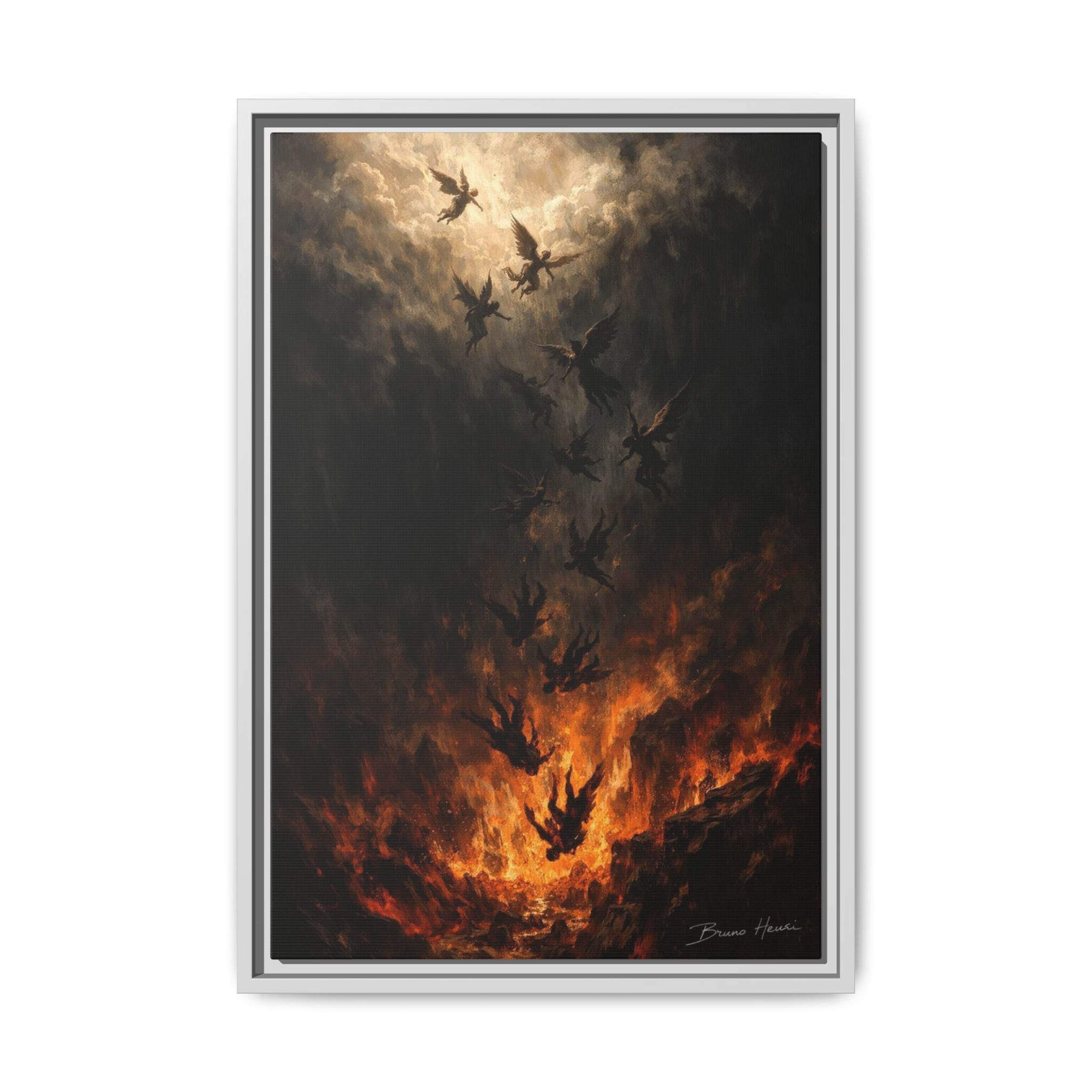 Falling Angels Matte Framed Canvas Print — Dark Fantasy Wall Art