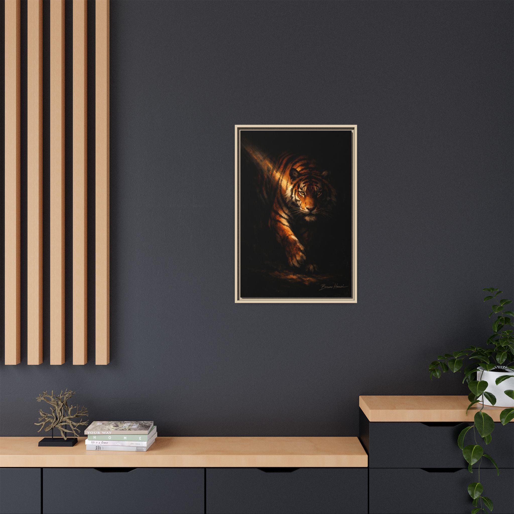 Tiger in the Shadows Matte Framed Canvas Print — Dramatic Wildlife Wall Art
