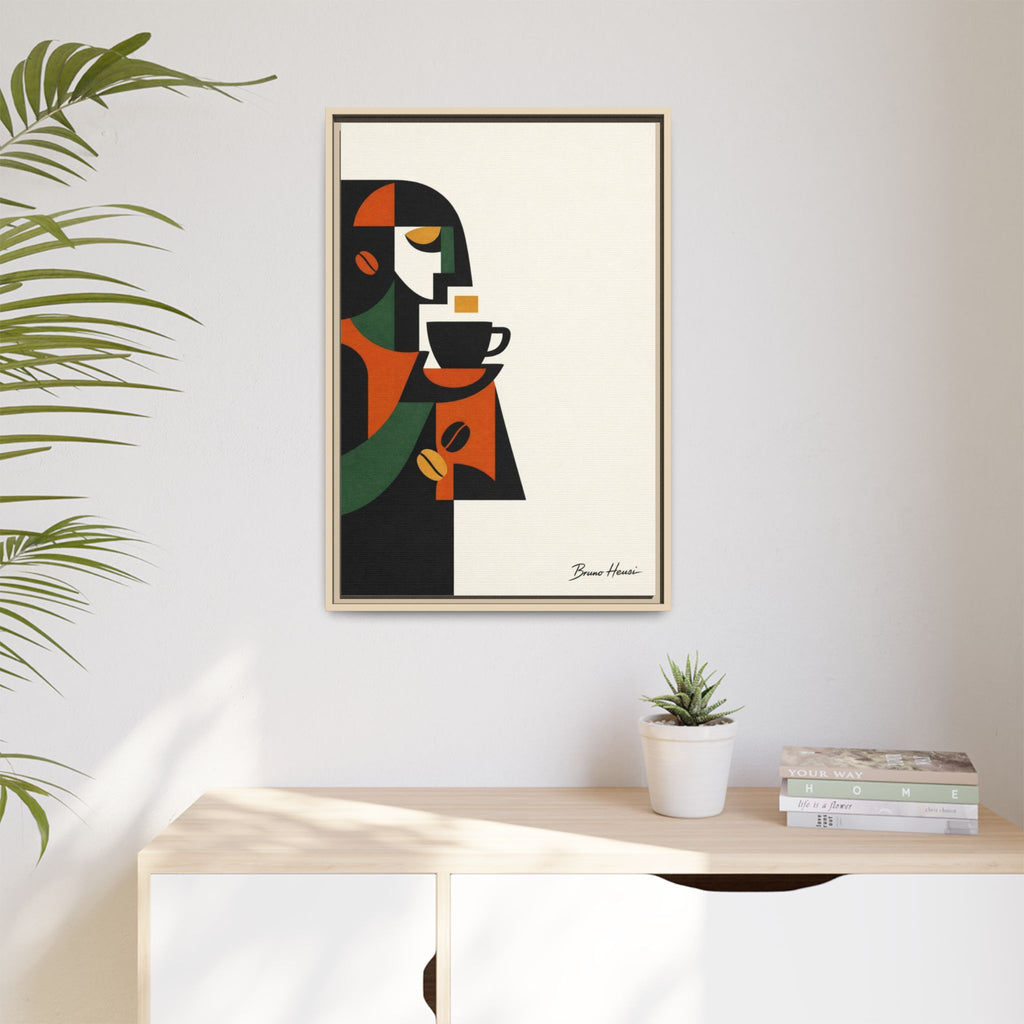 Abstract Coffee Drinker Framed Canvas Print — Modern Café Wall Art