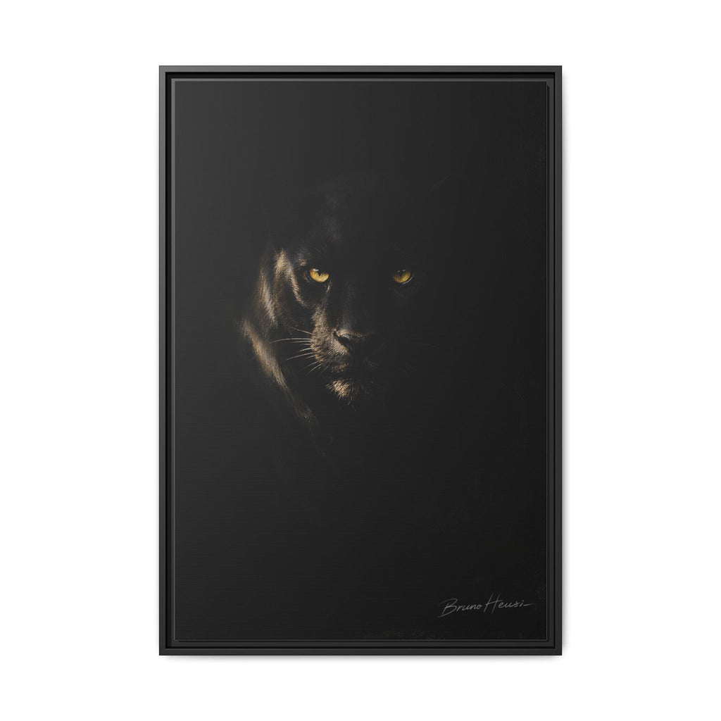 Framed Matte Canvas - Black Panther Wall Art with Golden Eyes