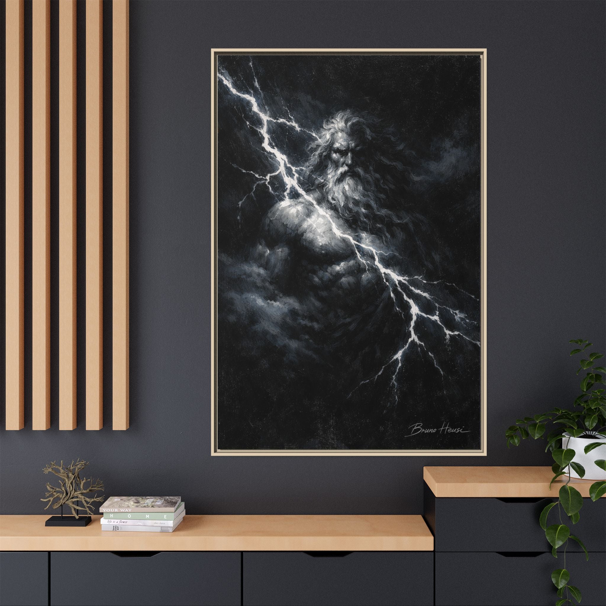 Zeus Lightning God Framed Canvas Wall Art — Stormy Mythology Print