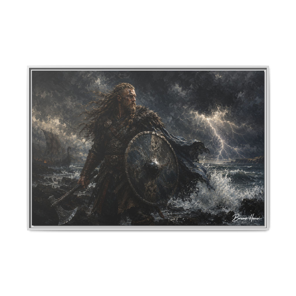 Viking Warrior Matte Framed Canvas Print — Stormy Norse Shield and Axe Wall Art