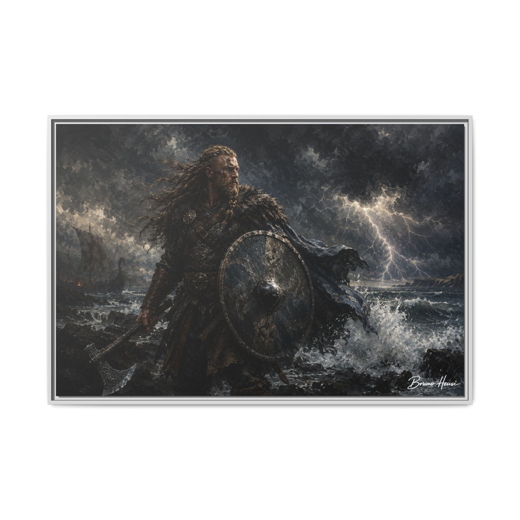Viking Warrior Matte Framed Canvas Print — Stormy Norse Shield and Axe Wall Art