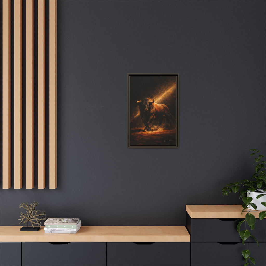 Framed Matte Canvas Art - Dramatic Charging Bull Painting