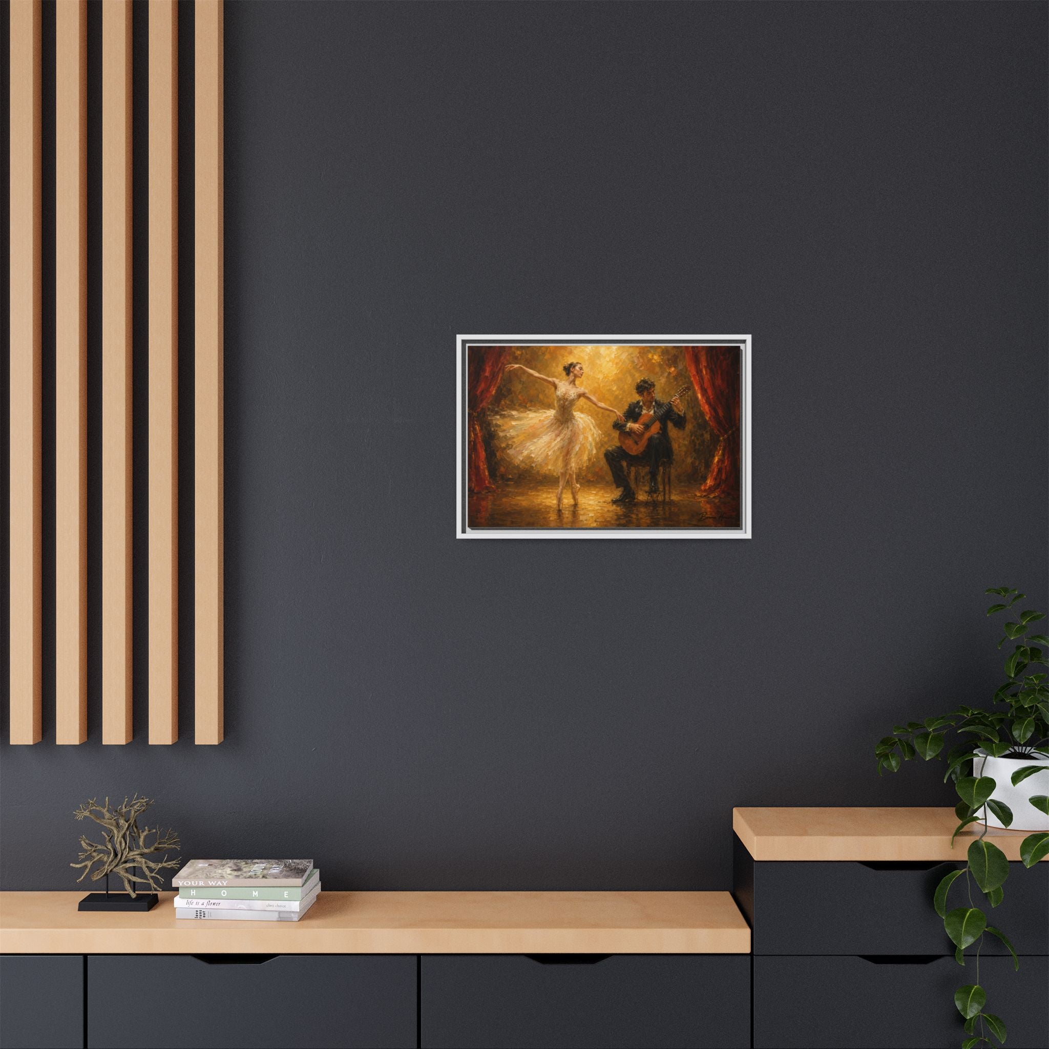 Ballet Dancer & Guitarist Framed Canvas Wall Art — Oil-Style Performance Print
