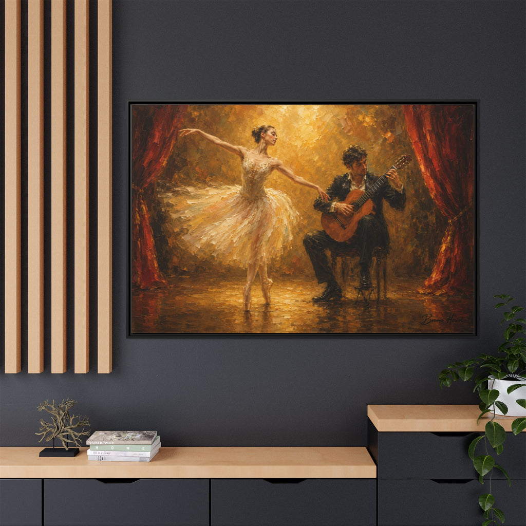 Ballet Dancer & Guitarist Framed Canvas Wall Art — Oil-Style Performance Print