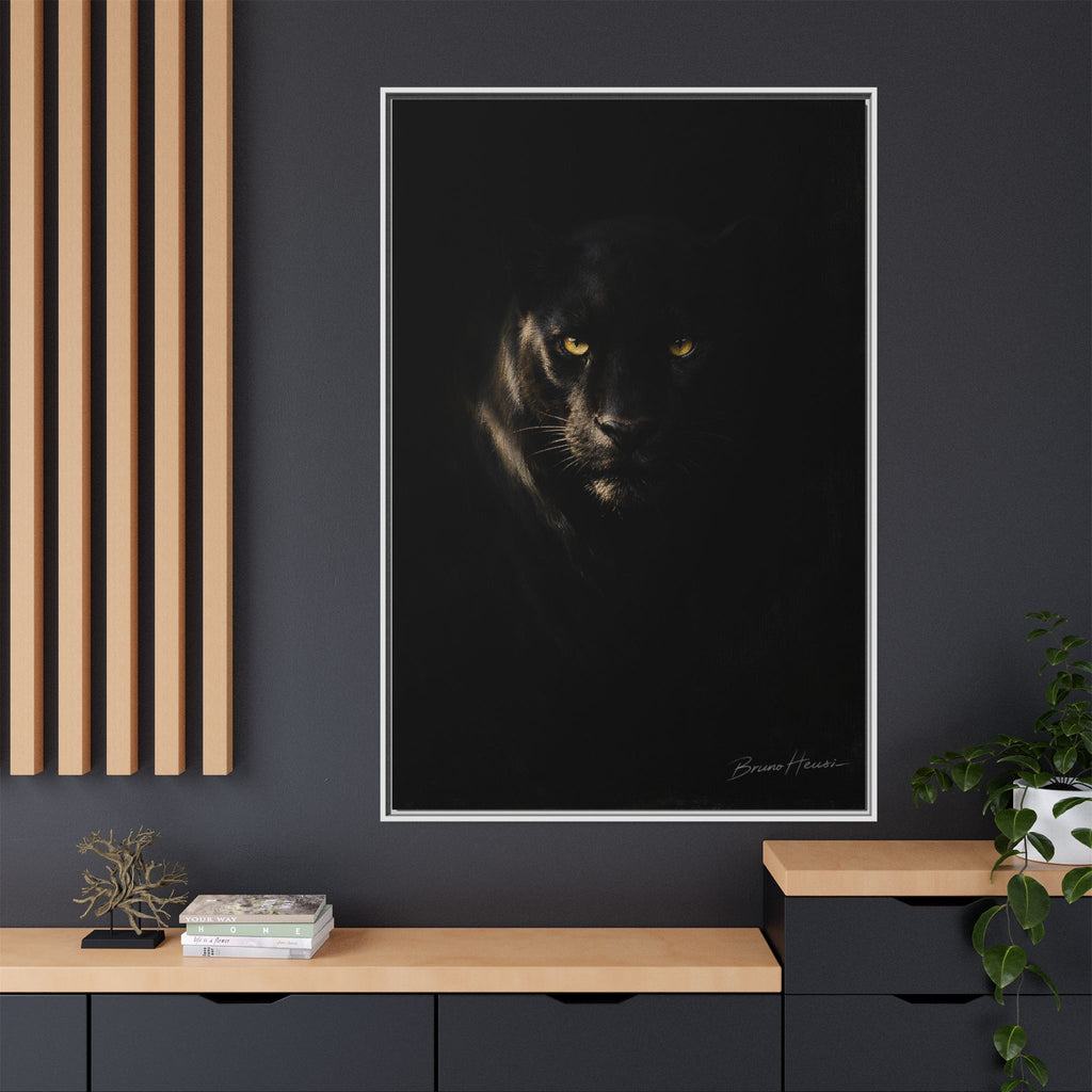 Framed Matte Canvas - Black Panther Wall Art with Golden Eyes