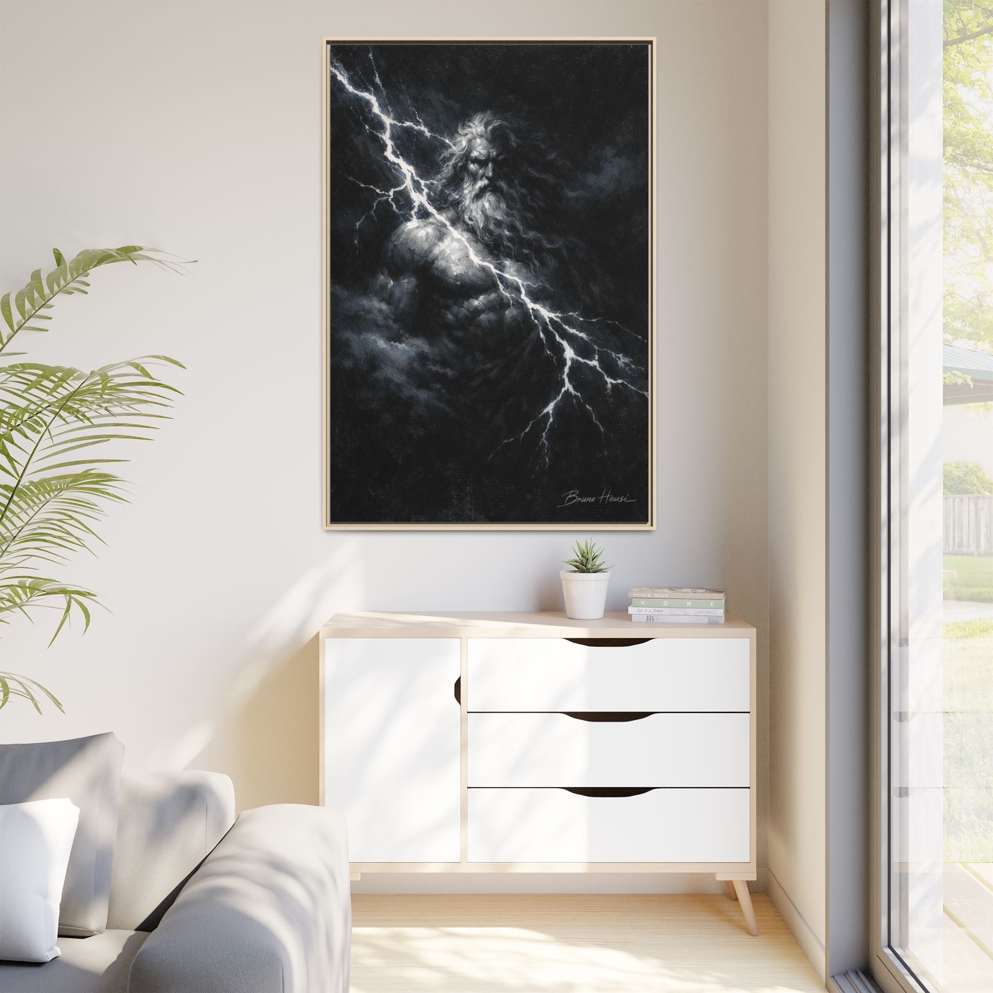 Zeus Lightning God Framed Canvas Wall Art — Stormy Mythology Print