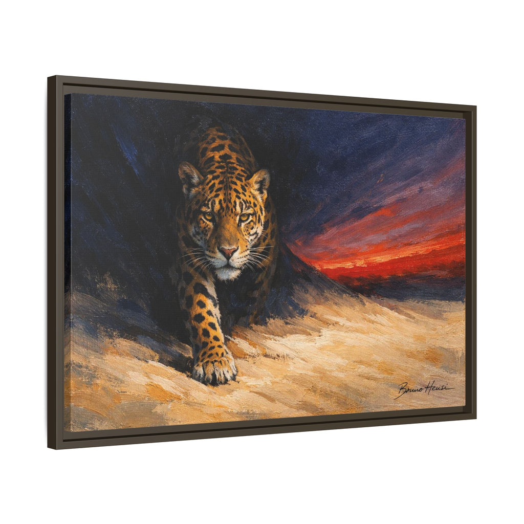 Framed Jaguar Canvas Art – Majestic Big Cat Painting with Sunset Sky