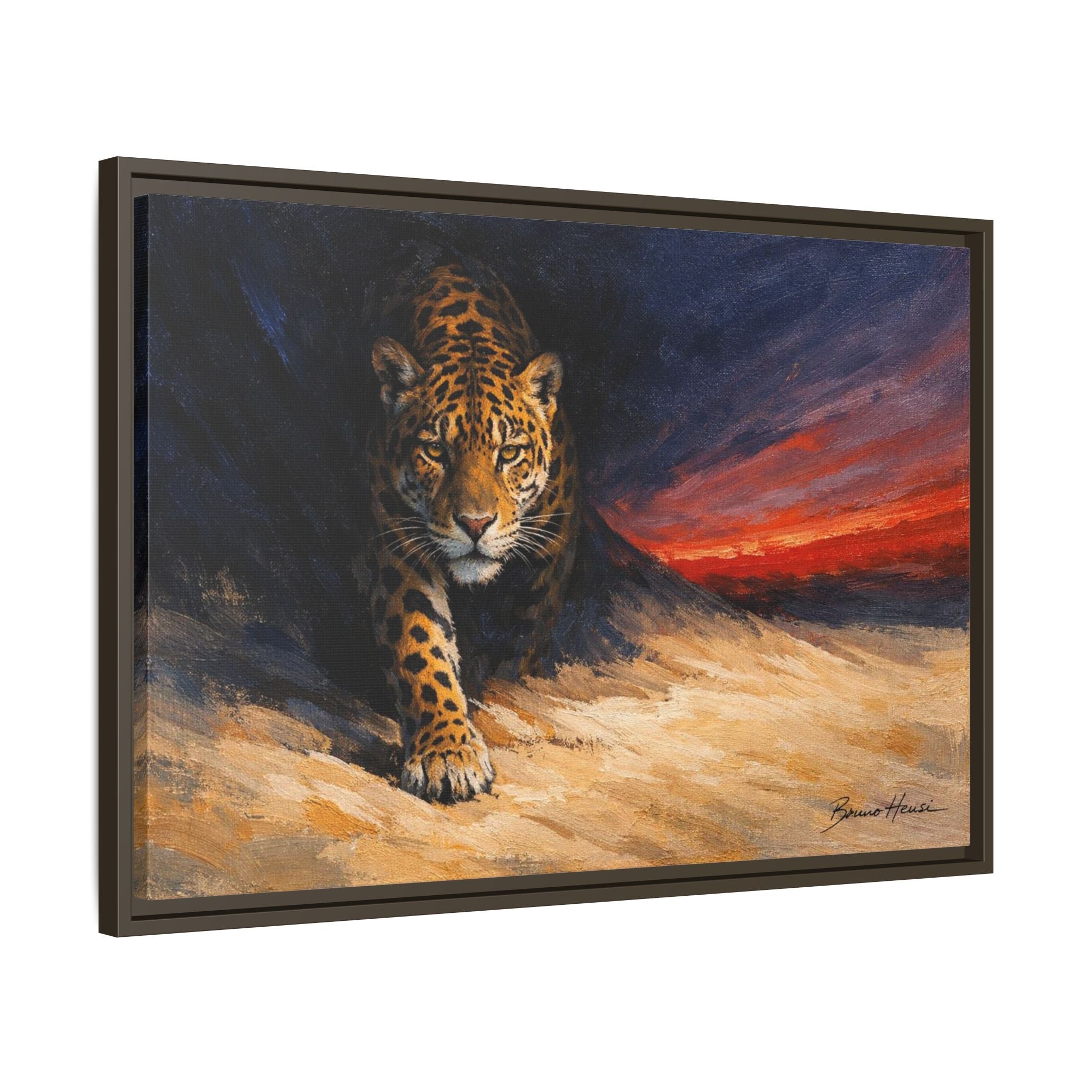 Framed Jaguar Canvas Art – Majestic Big Cat Painting with Sunset Sky