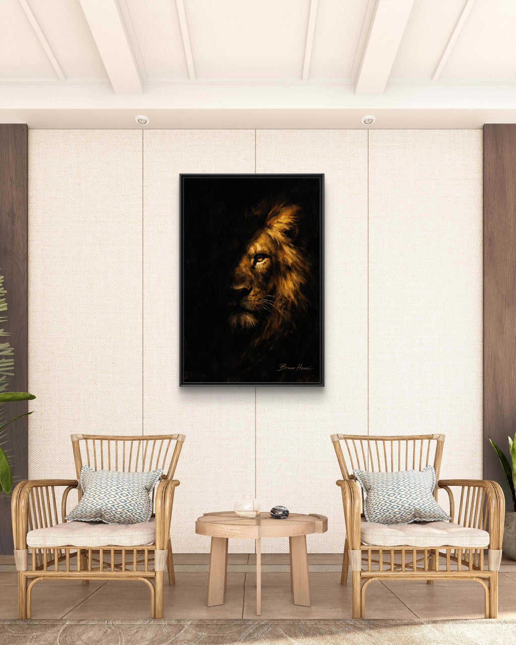 Majestic Lion Portrait Framed Canvas Wall Art — Golden Mane on Black Matte Print