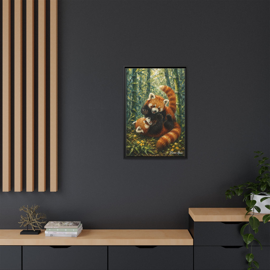Red Panda Playtime Framed Canvas Wall Art — Playful Wildlife Print