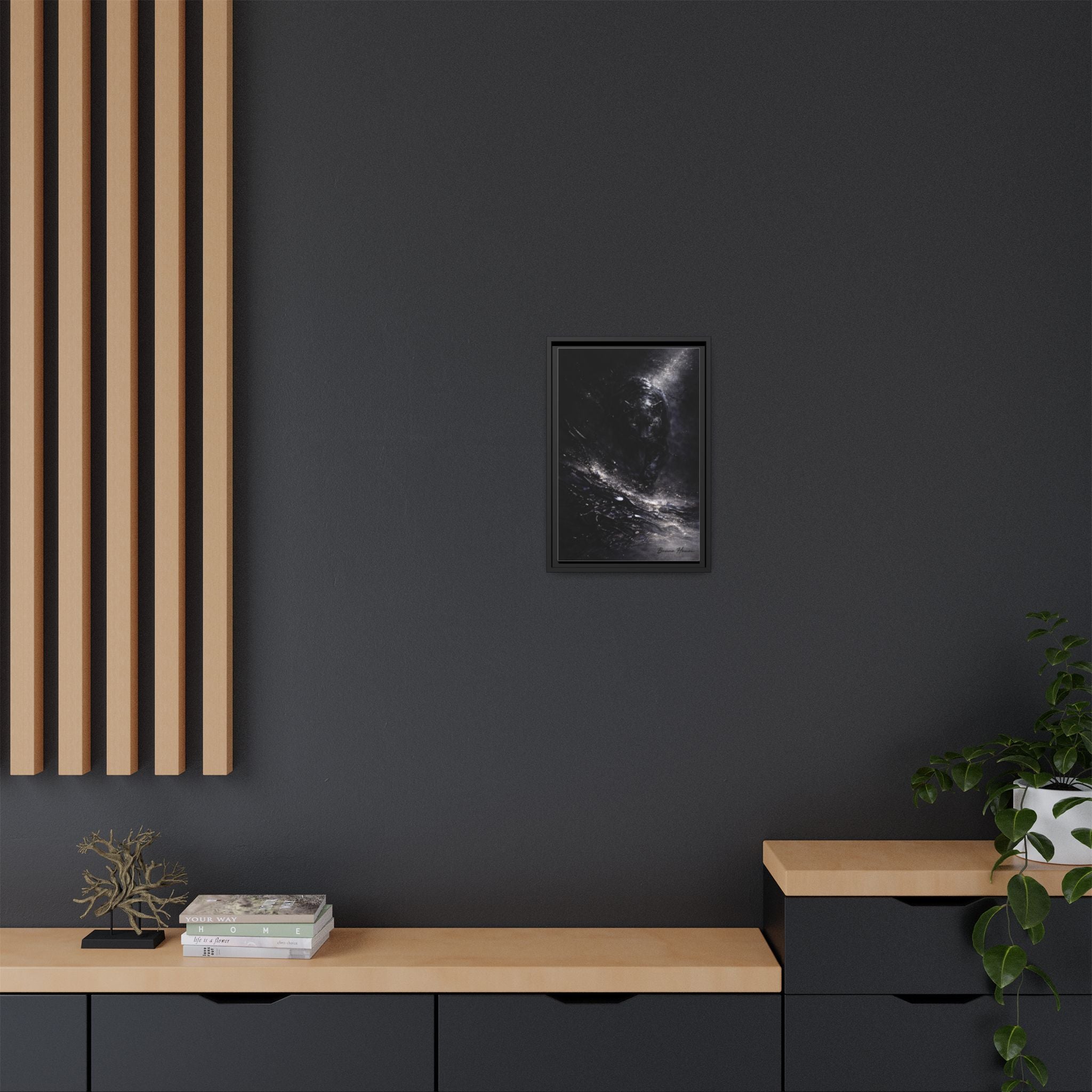 Cosmic Black Panther Matte Framed Canvas – Dark Abstract Wildlife Wall Art