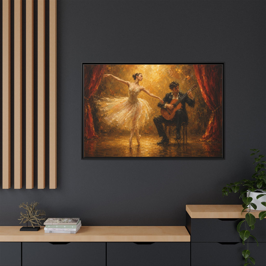 Ballet Dancer & Guitarist Framed Canvas Wall Art — Oil-Style Performance Print