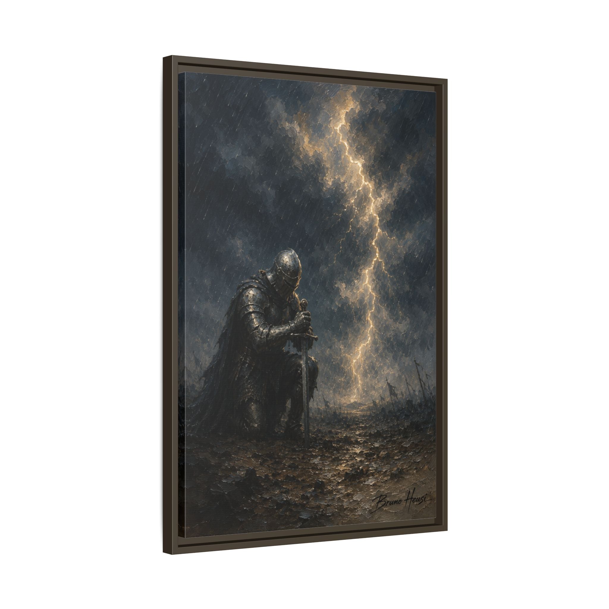 Knight in Thunderstorm Matte Framed Canvas — Dark Fantasy Wall Art
