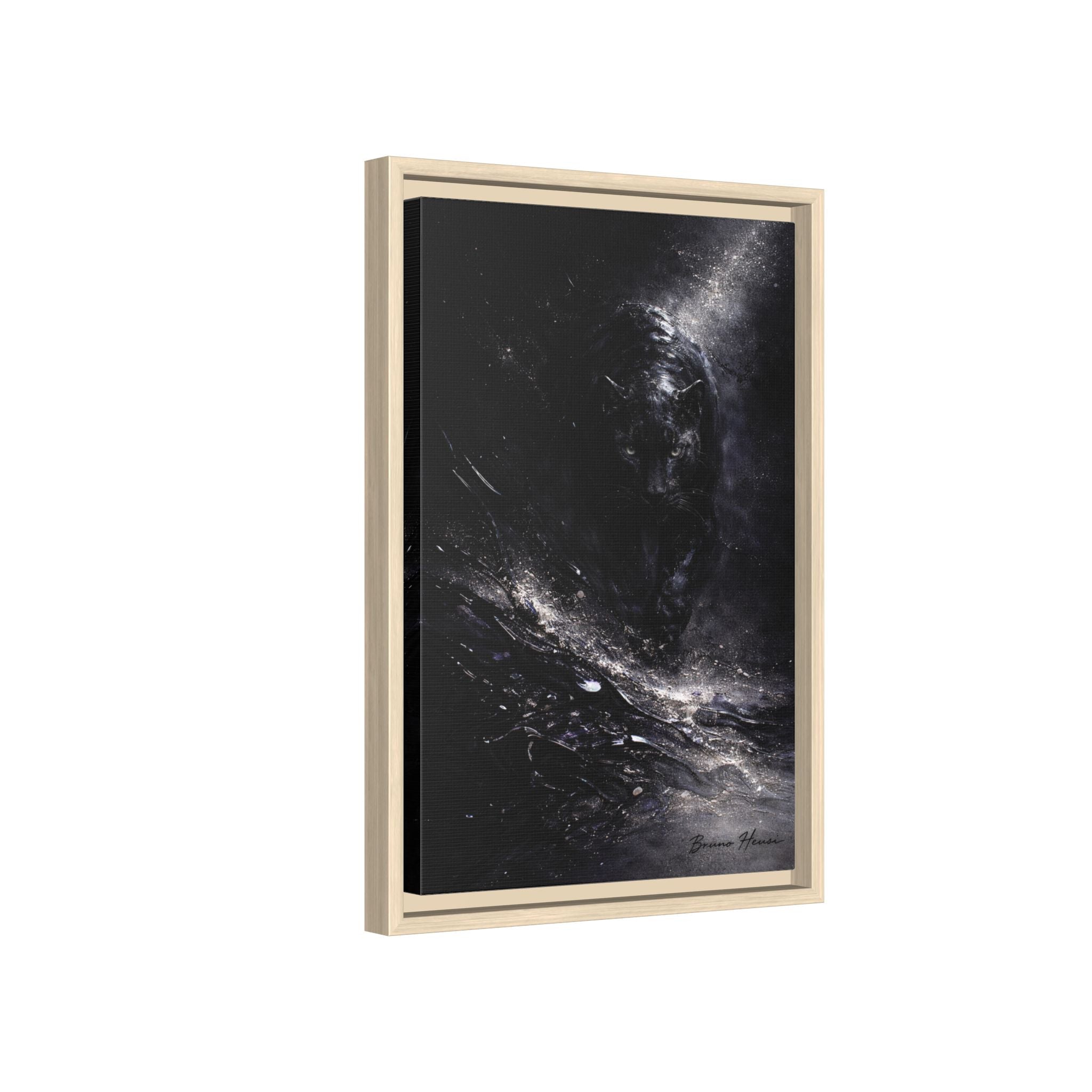 Cosmic Black Panther Matte Framed Canvas – Dark Abstract Wildlife Wall Art