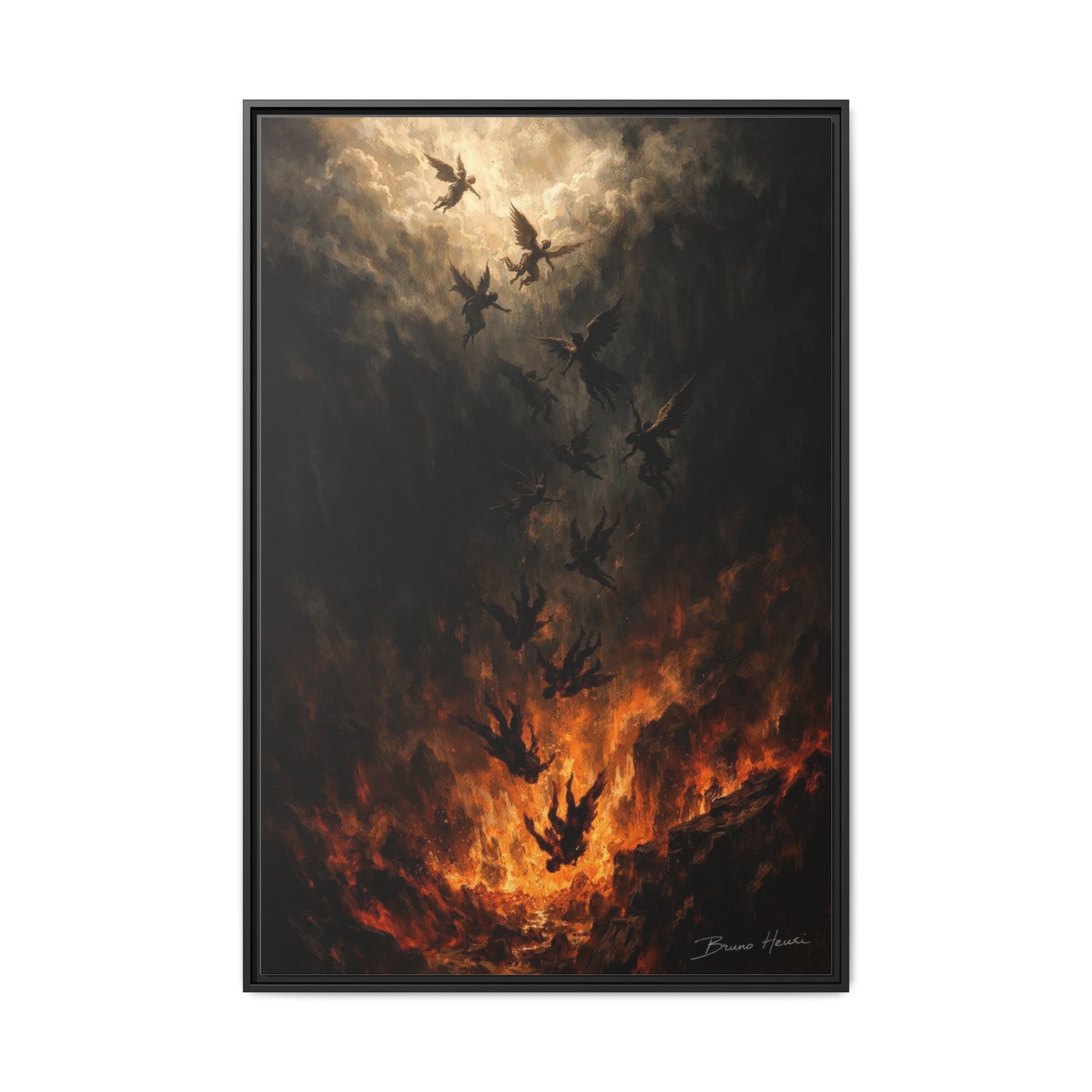 Falling Angels Matte Framed Canvas Print — Dark Fantasy Wall Art