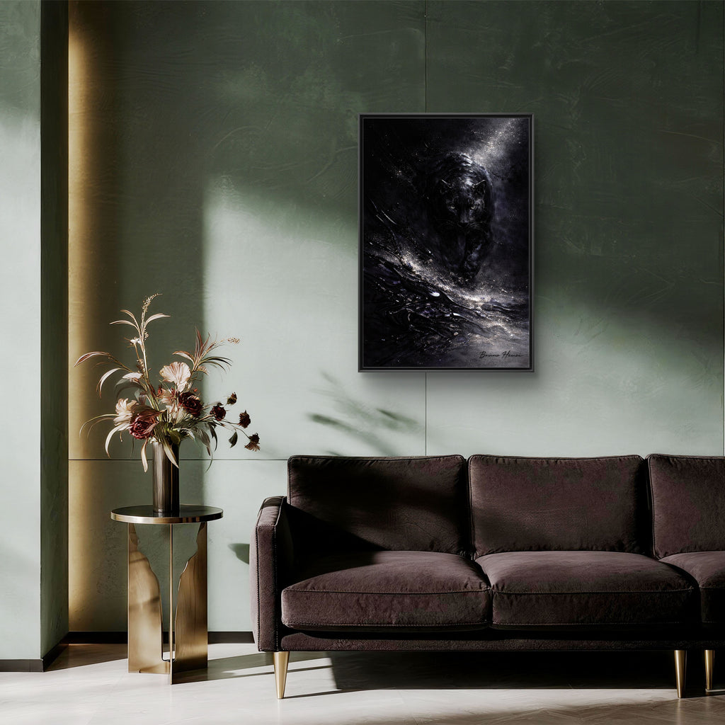 Cosmic Black Panther Matte Framed Canvas – Dark Abstract Wildlife Wall Art
