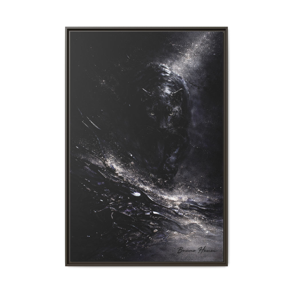 Cosmic Black Panther Matte Framed Canvas – Dark Abstract Wildlife Wall Art
