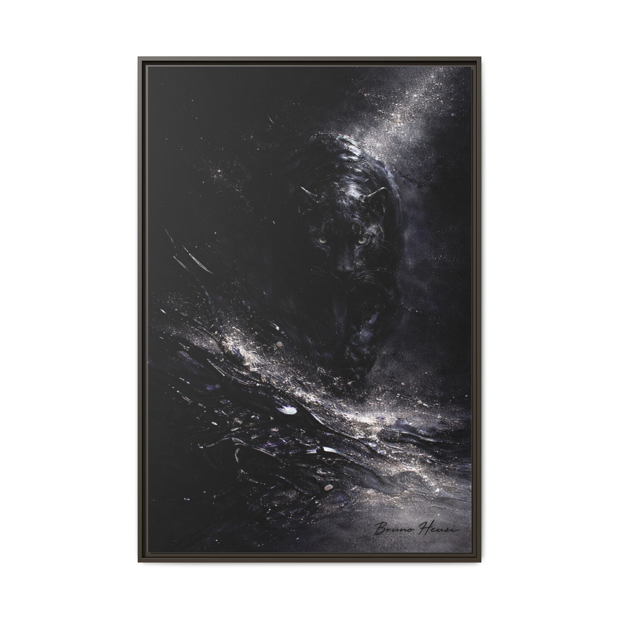 Cosmic Black Panther Matte Framed Canvas – Dark Abstract Wildlife Wall Art