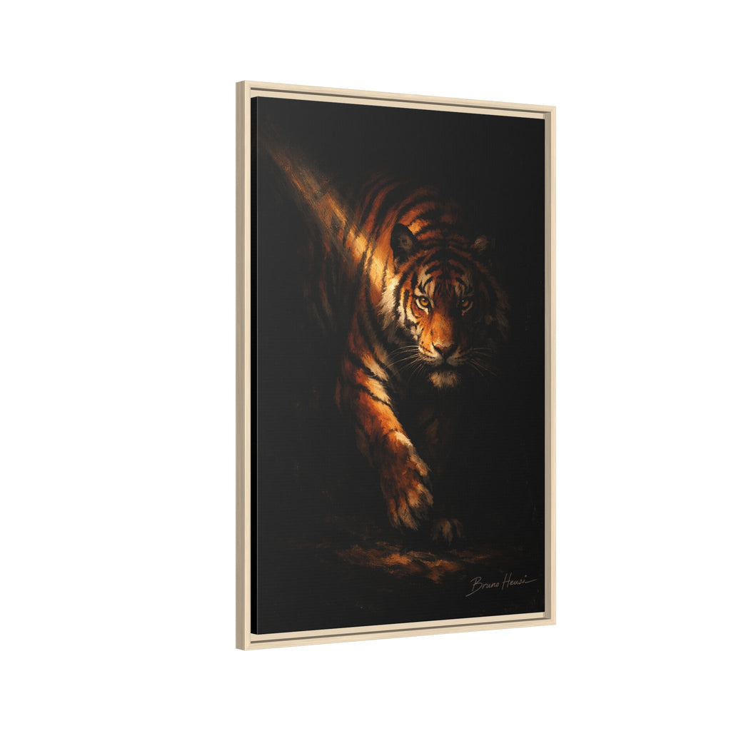 Tiger in the Shadows Matte Framed Canvas Print — Dramatic Wildlife Wall Art