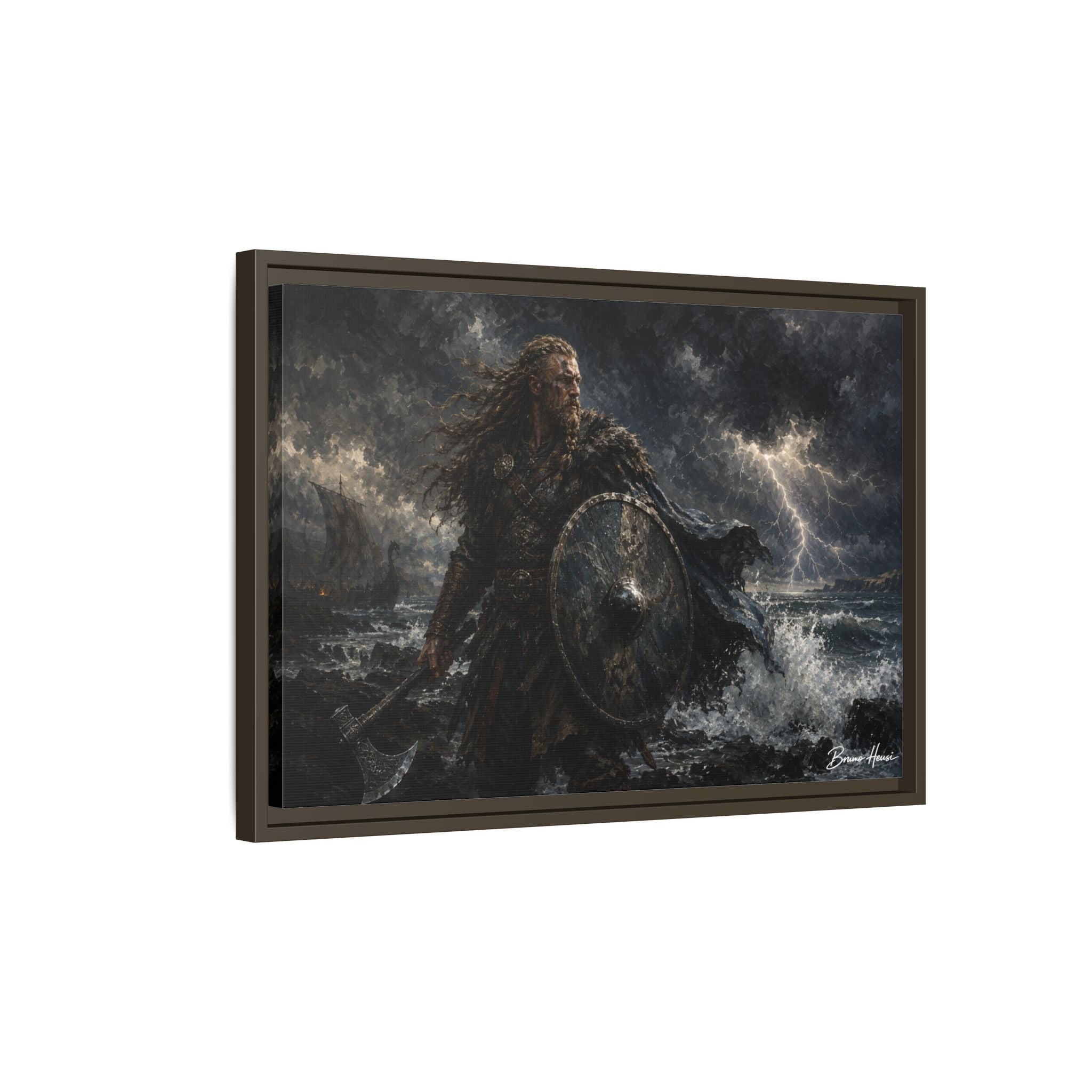 Viking Warrior Matte Framed Canvas Print — Stormy Norse Shield and Axe Wall Art