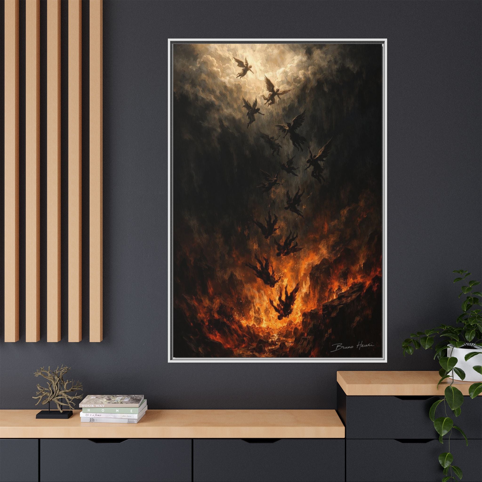 Falling Angels Matte Framed Canvas Print — Dark Fantasy Wall Art