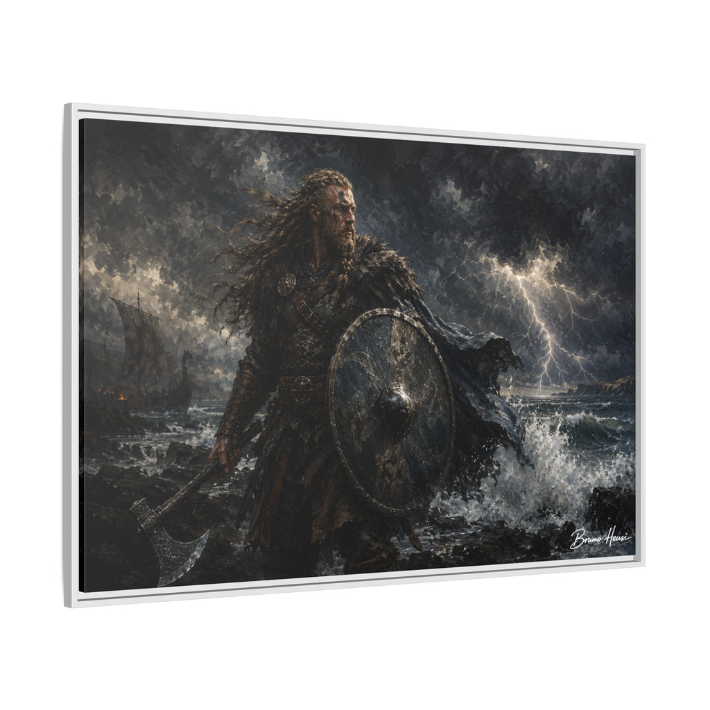 Viking Warrior Matte Framed Canvas Print — Stormy Norse Shield and Axe Wall Art