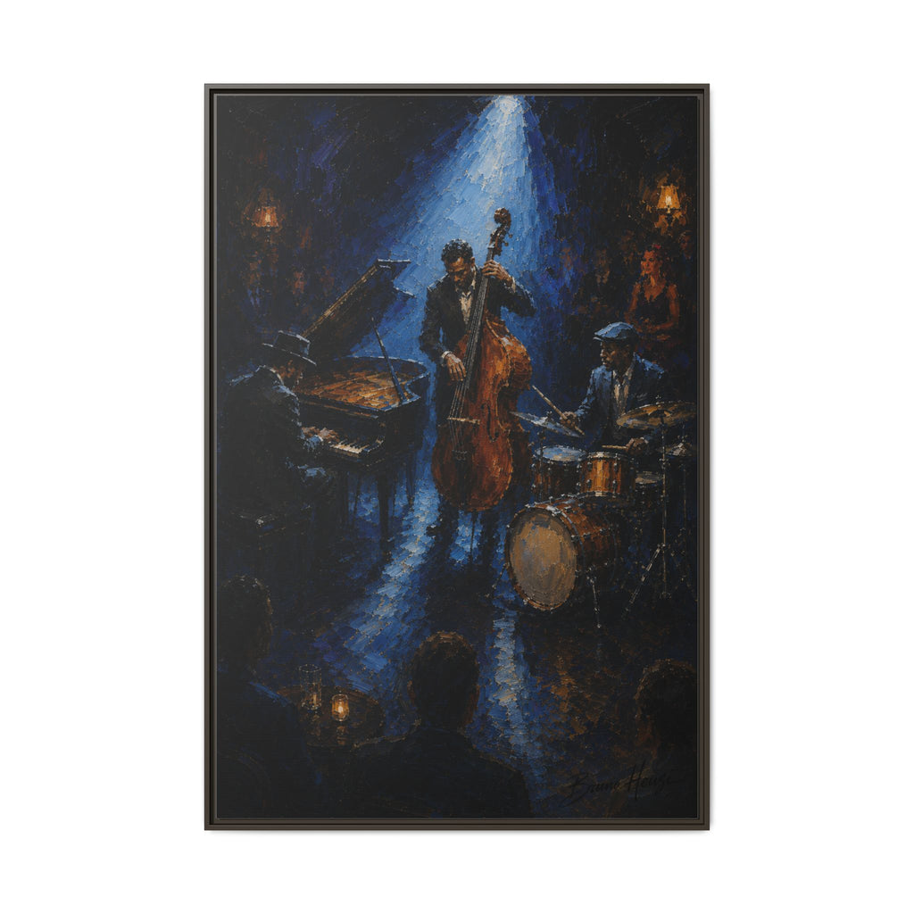 Framed Jazz Quartet Canvas Wall Art – Moody Blue Music Scene
