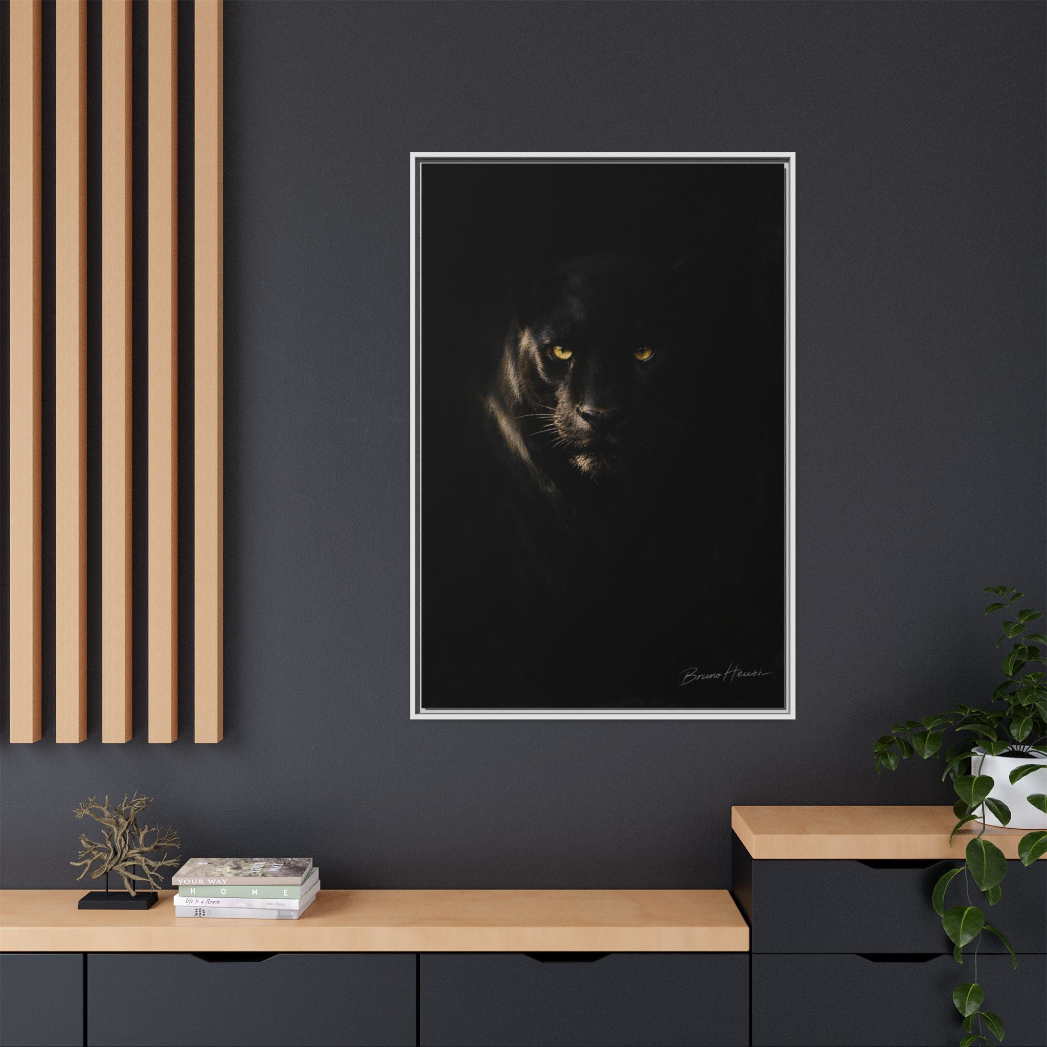 Framed Matte Canvas - Black Panther Wall Art with Golden Eyes