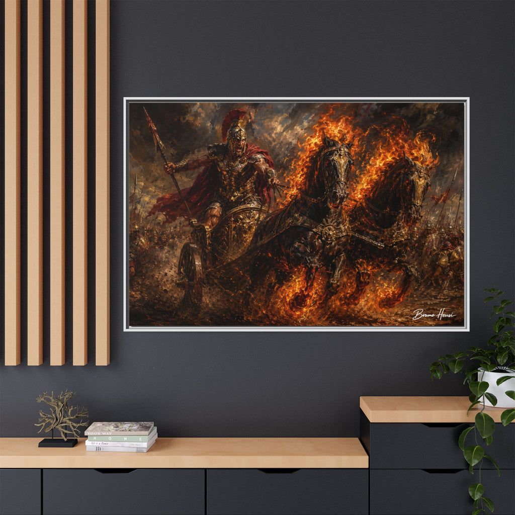 Flaming Chariot Framed Canvas Wall Art — Mythic Warrior Matte Print
