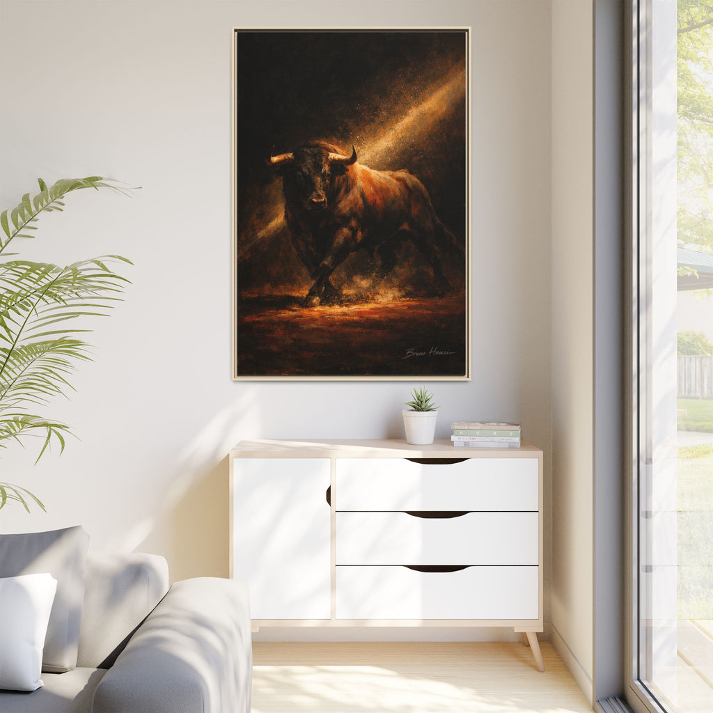 Framed Matte Canvas Art - Dramatic Charging Bull Painting