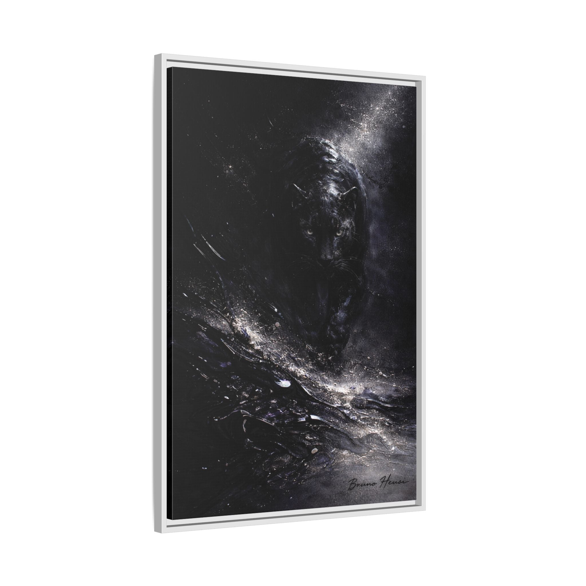 Cosmic Black Panther Matte Framed Canvas – Dark Abstract Wildlife Wall Art