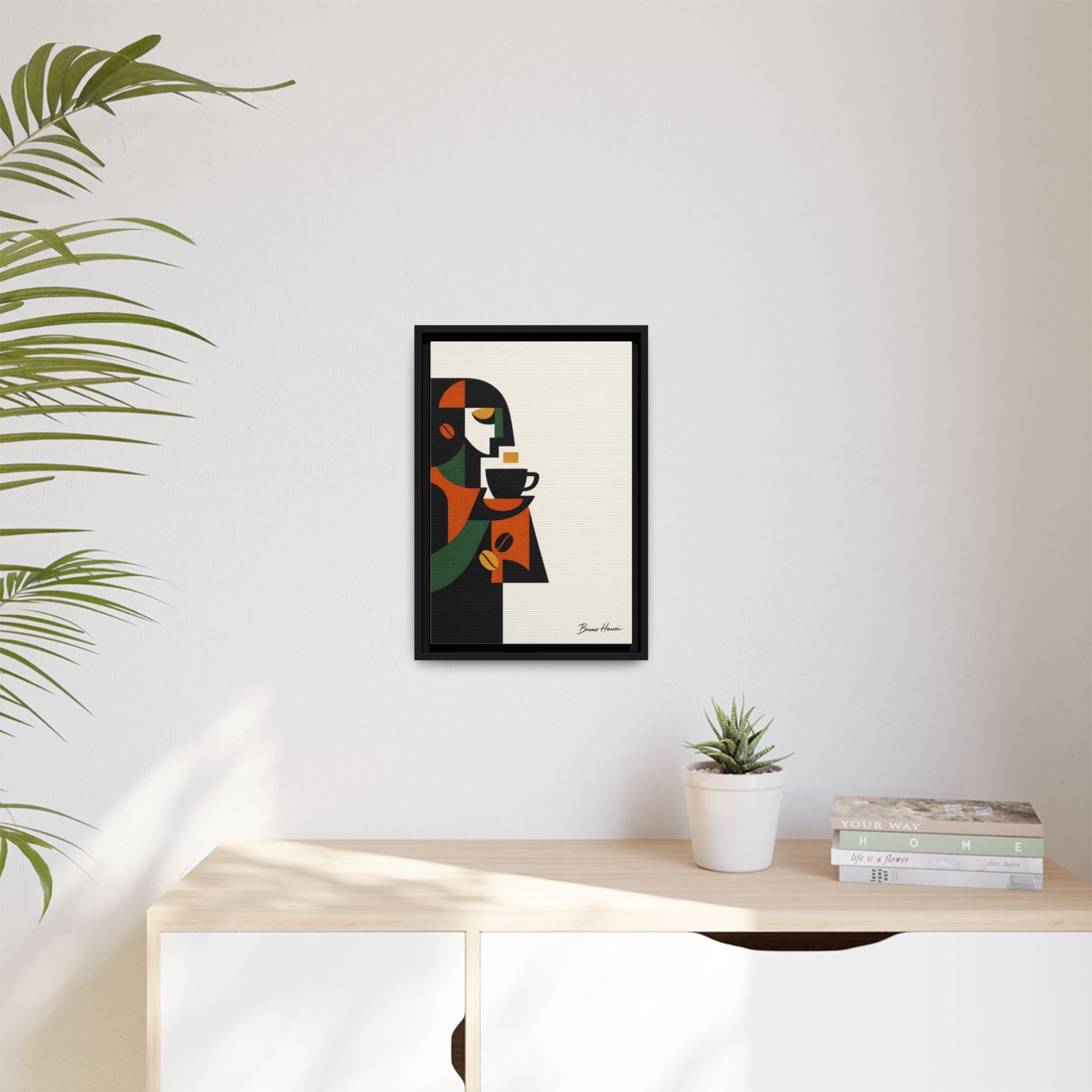 Abstract Coffee Drinker Framed Canvas Print — Modern Café Wall Art