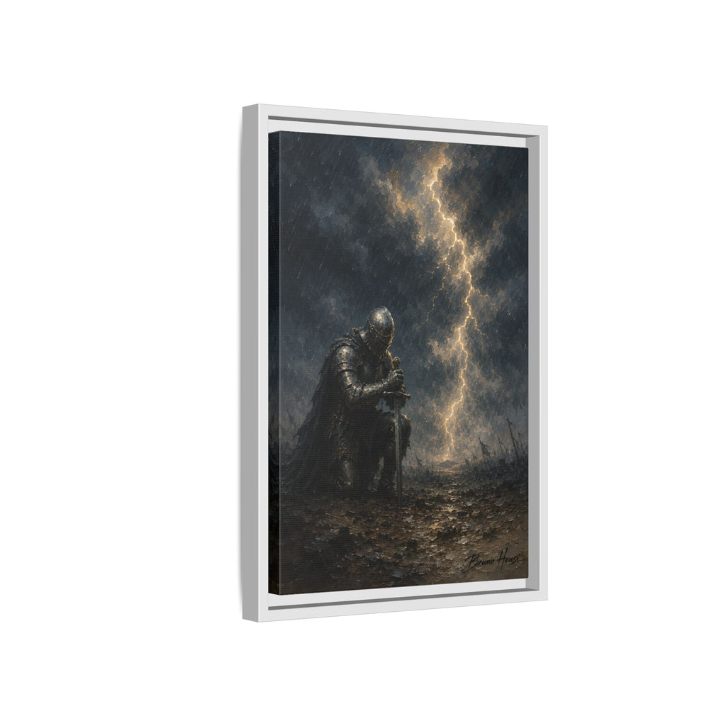 Knight in Thunderstorm Matte Framed Canvas — Dark Fantasy Wall Art