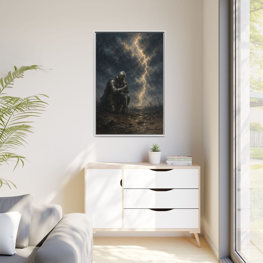 Knight in Thunderstorm Matte Framed Canvas — Dark Fantasy Wall Art