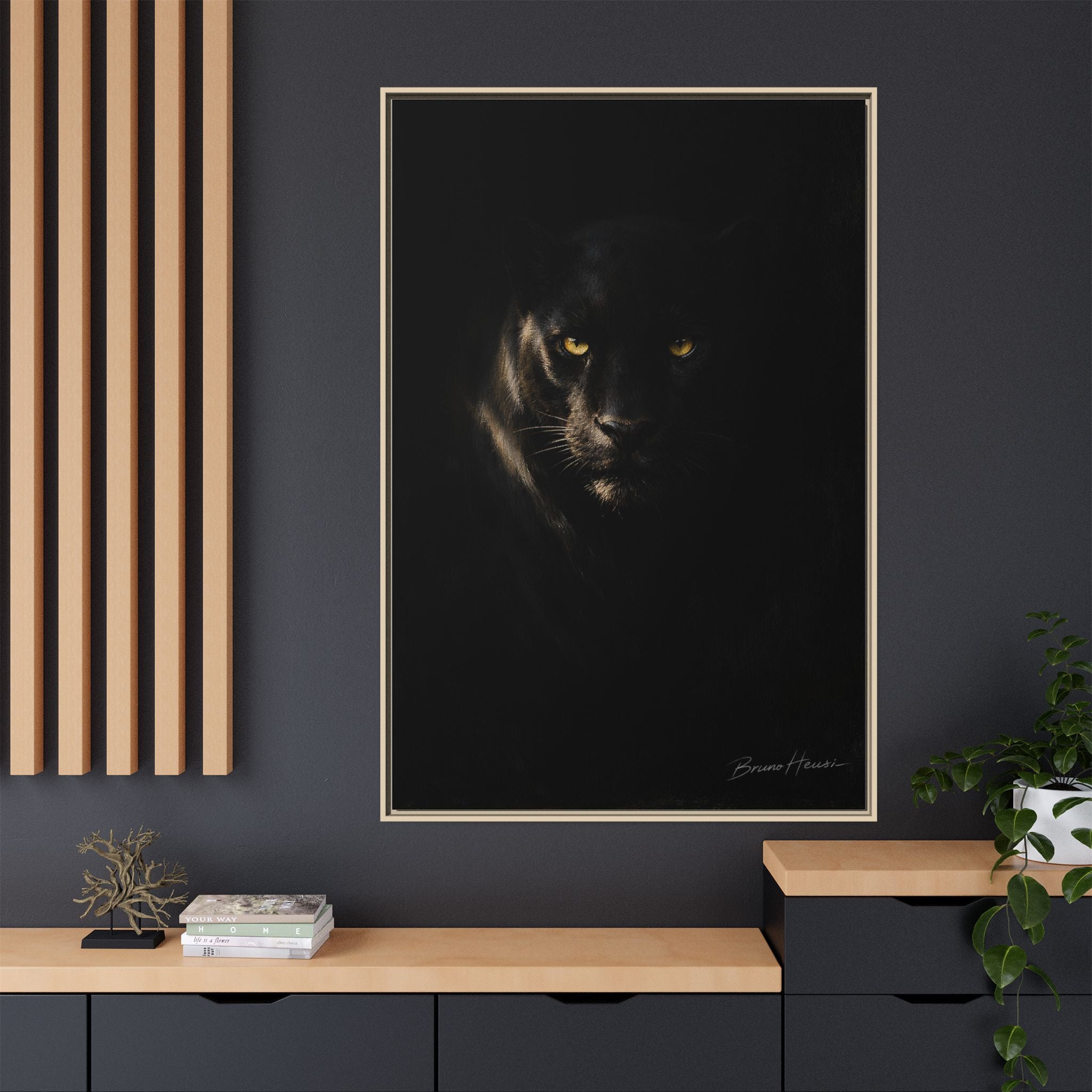 Framed Matte Canvas - Black Panther Wall Art with Golden Eyes